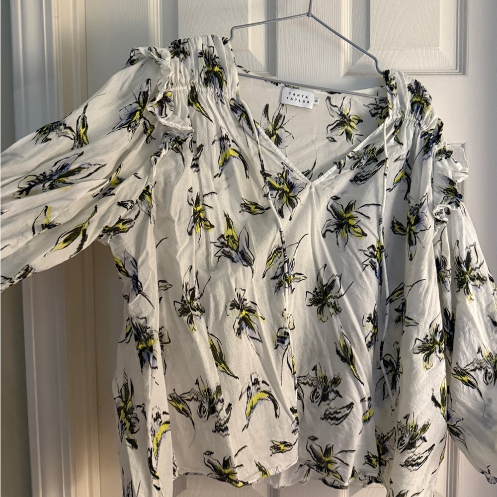Tanya Taylor White Floral Ruffled Blouse